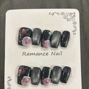 Small Size Black and Pink Floral Press-On Nails